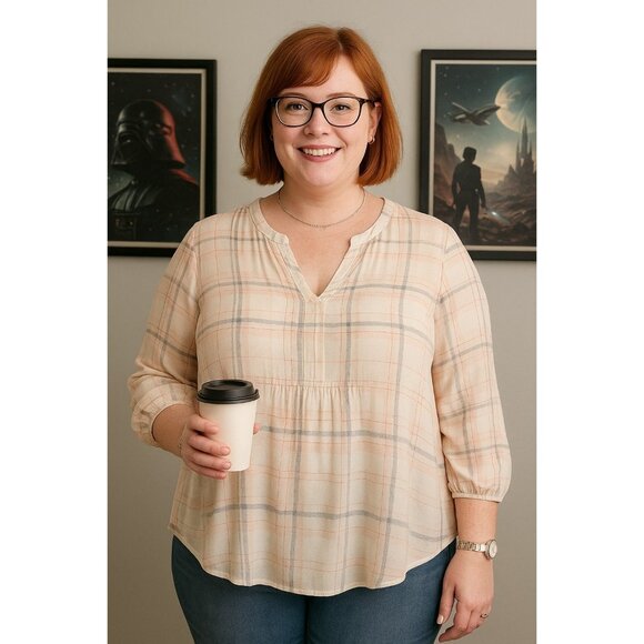 Torrid 2X Plaid Peasant Blouse Beige Pink Gray Sheer 3/4 Ruched Sleeve Top - Picture 1 of 6